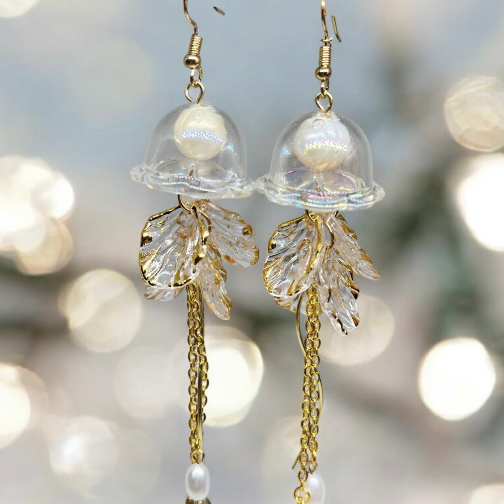 Whimsical - Golden sparkly clear Jellyfish earrings | sea creature zoology earrings | colourful clear iridescent dangle oversize earrings | halgoram earrings