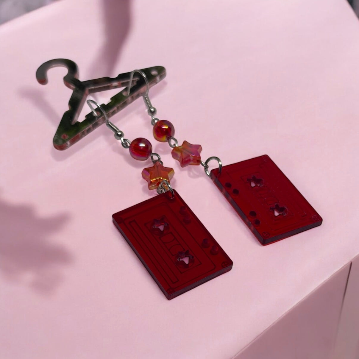 Y2K - Red cassette | glitter earrings | funky pop art earrings | acrylic art oversize earrings | quirky fun