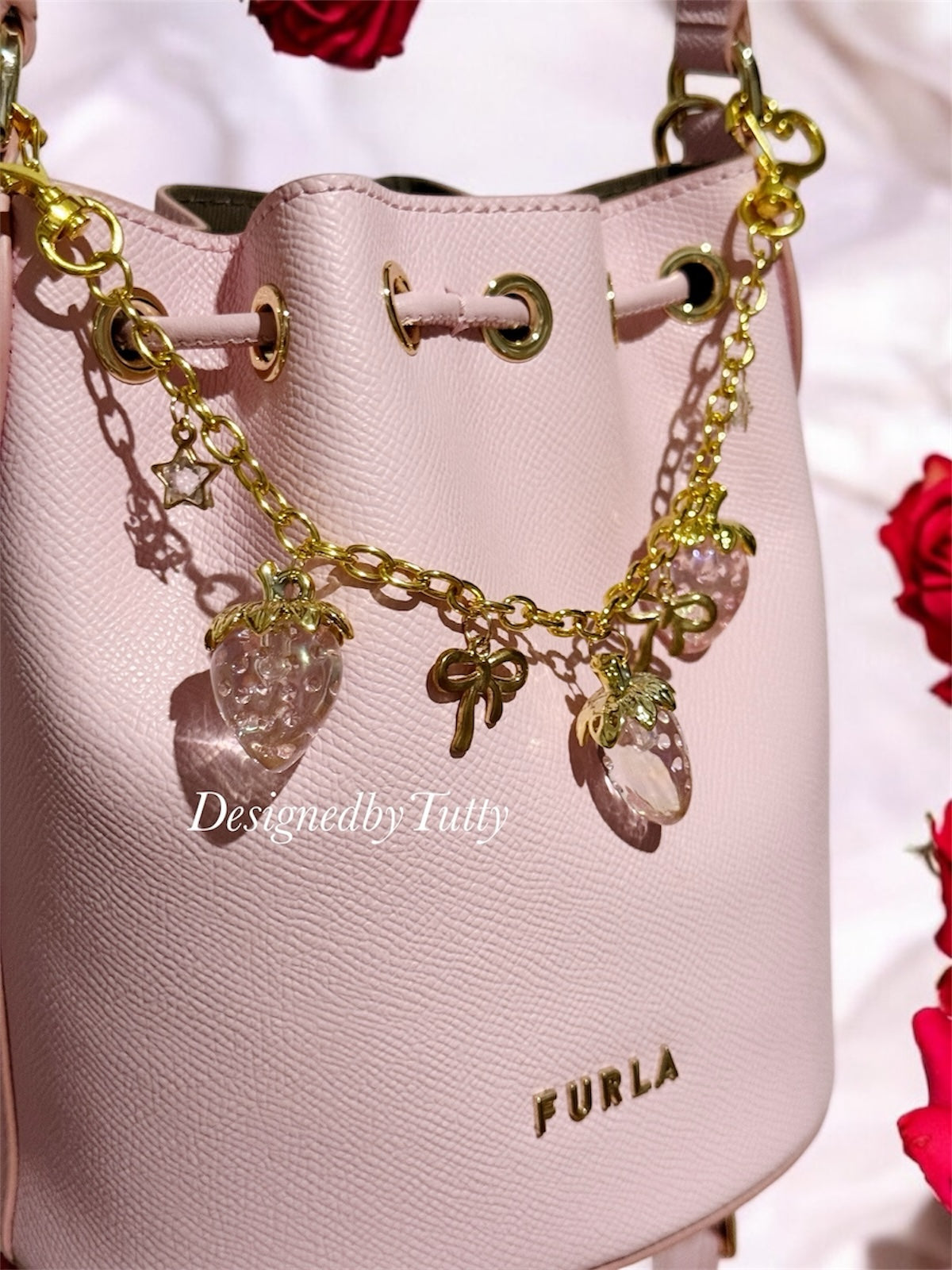 Pink strawberry bag charm | key chain | golden chain with golden buckle | y2k chain | bag lover gift
