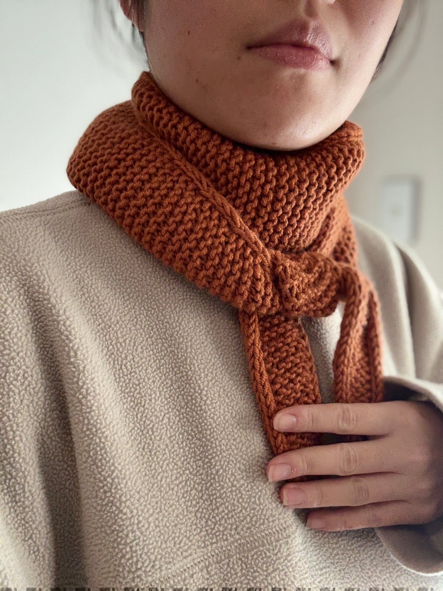 Sophie scarf leather brown | hand knit neckechief | winter wrap | small skinny scarf | handmade gift | tiktok viral scarf | wool yarn