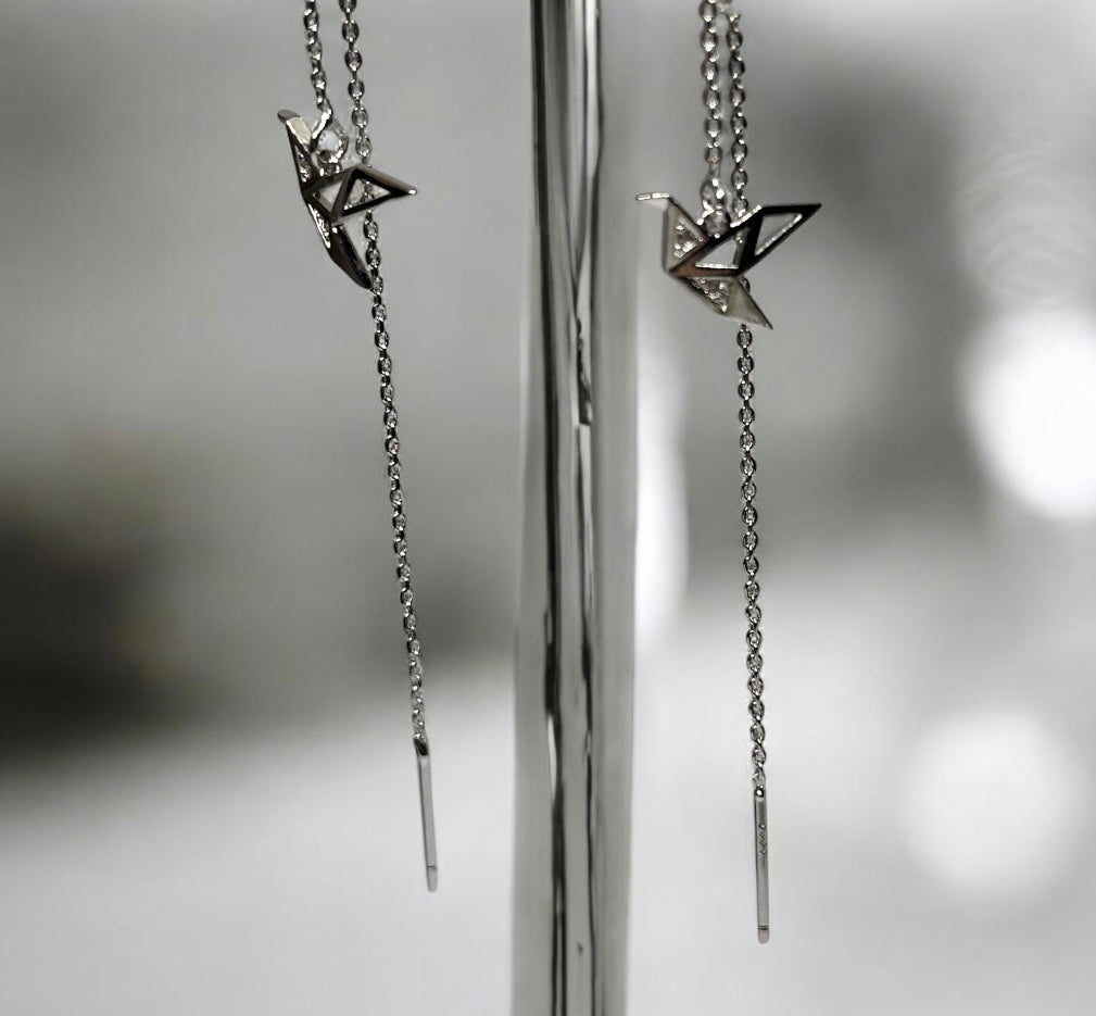 Minimalist - Silver or Rose gold crane dangle threader earrings | chain dangle earrings | minimalist elegant statement earrings | cute kawaii earrings