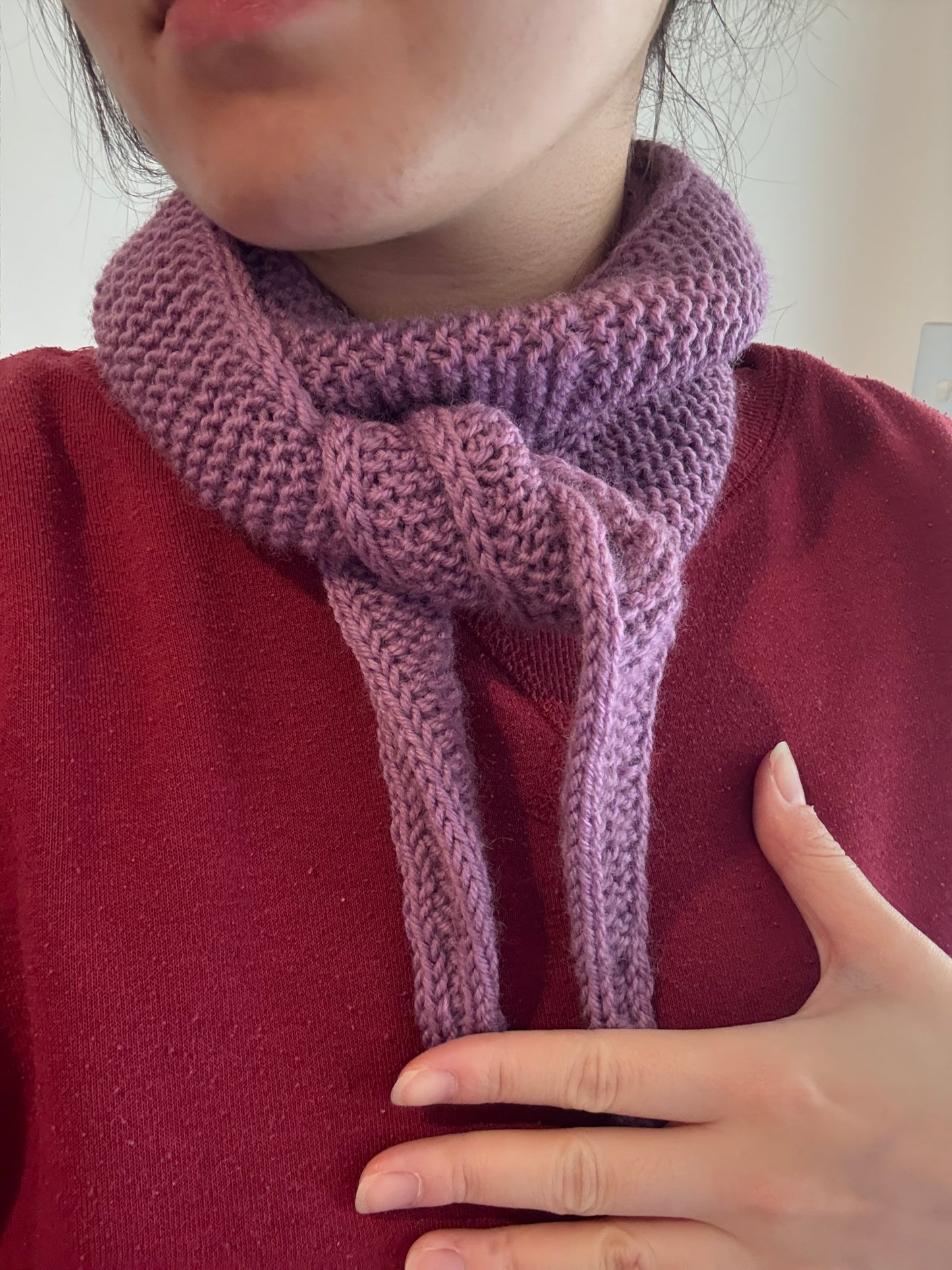 Sophie scarf in mulberry purple | hand knit neckechief | winter wrap | small skinny scarf | handmade gift | tiktok viral scarf | wool yarn