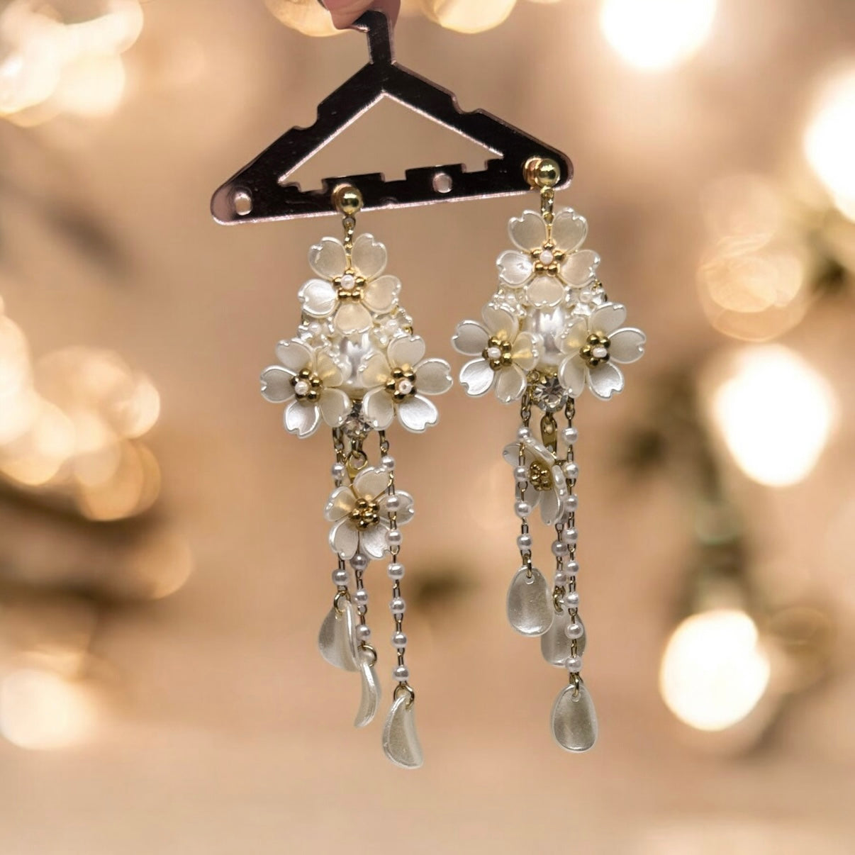 Whimsical - Daisy flower petal earrings |Kawaii cute fun hoop earrings | korean art colourful dangle earrings | white flower with crystal clear beads - TuttyKnitty