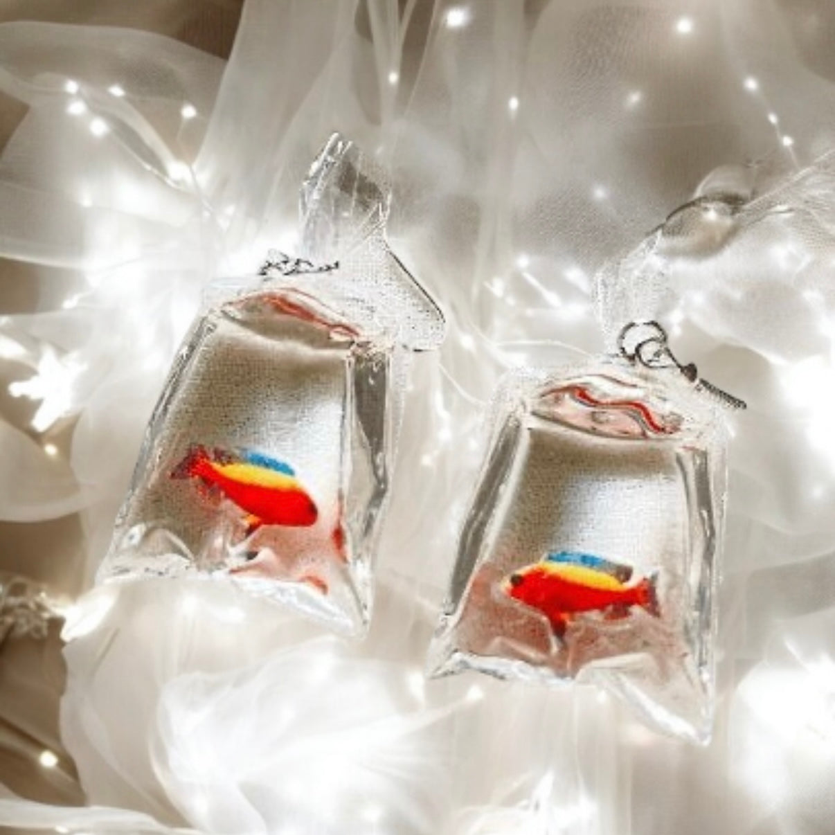 Y2K - Aquarium fish in bag | a bag of Colourful fish dangle earrings | oriental style minimalist earrings |quirky earring | korean style kawaii