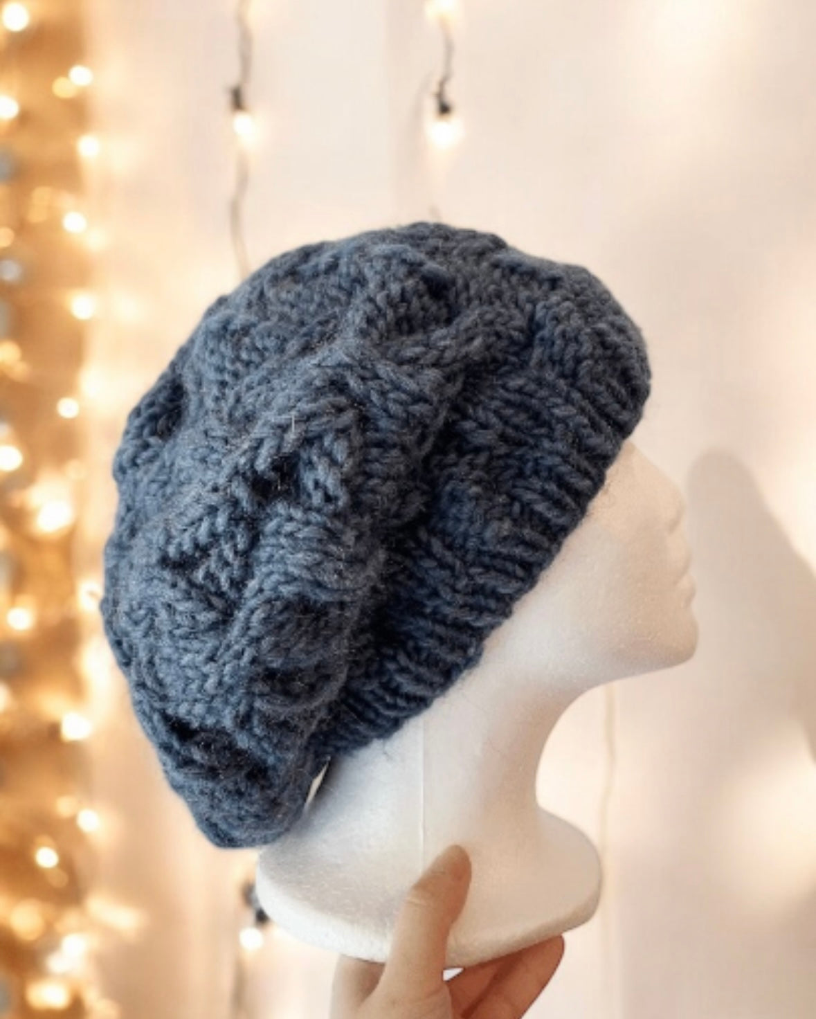 Hand knit Cable Slouchy Beanie | Knit Beret | Slouchy Hat in dark blue | Knit beanie in denim blue | Fluffy cozy winter hat Inac - TuttyKnitty