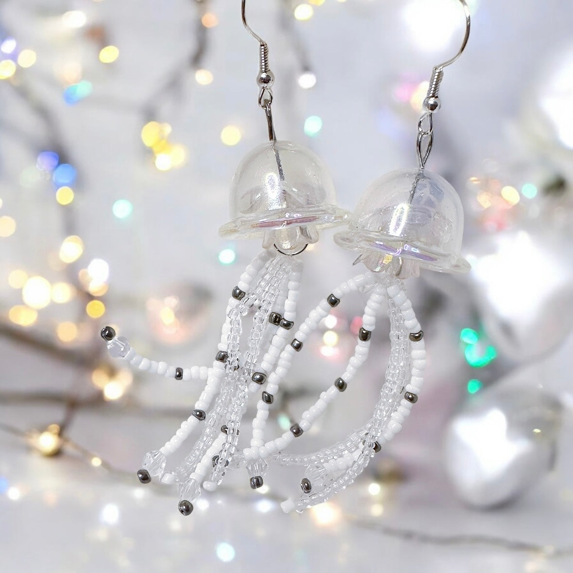 Whimsical - Jellyfish earrings | sea creature zoology earrings | white beaded clear iridescent dangle oversize earrings | halgoram fun y2k earrings