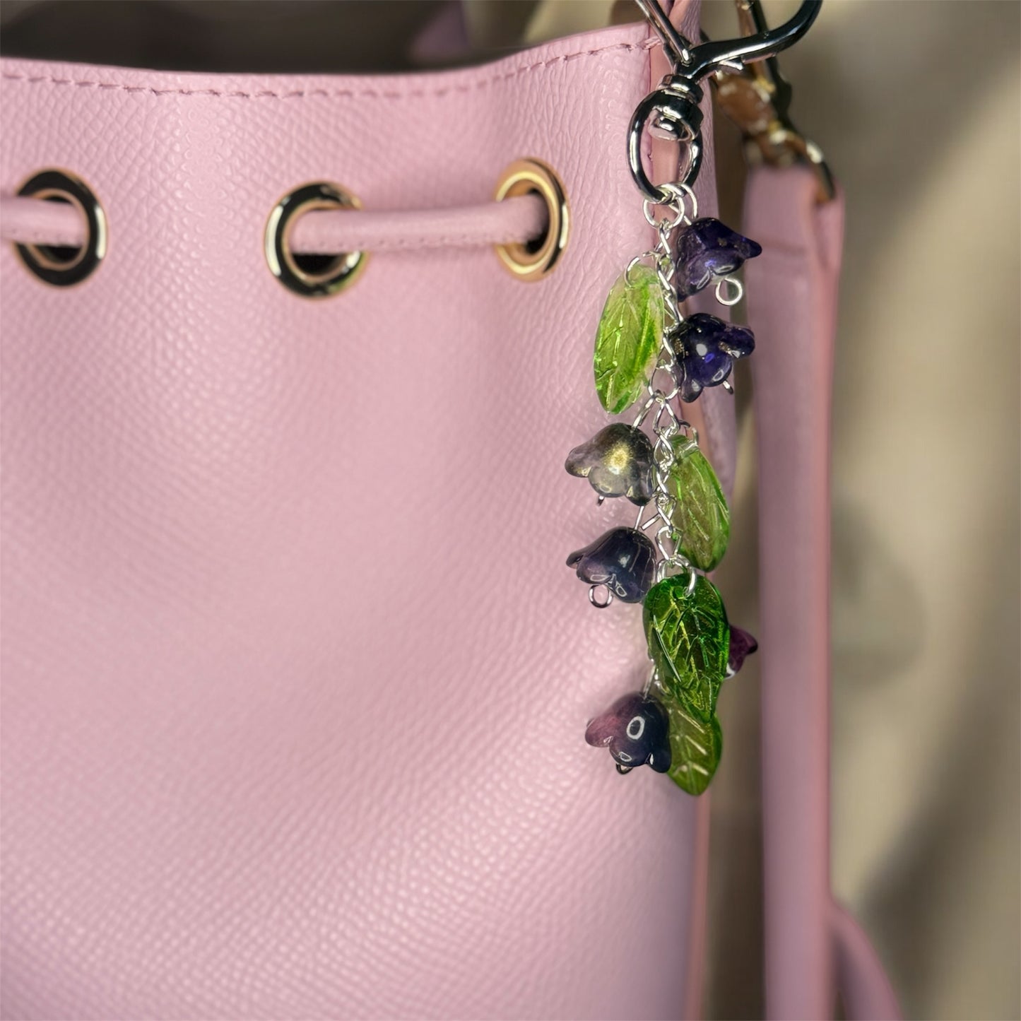 Beaded glass flowers bag charm | key chain | silver heart chain with flowers and leaf