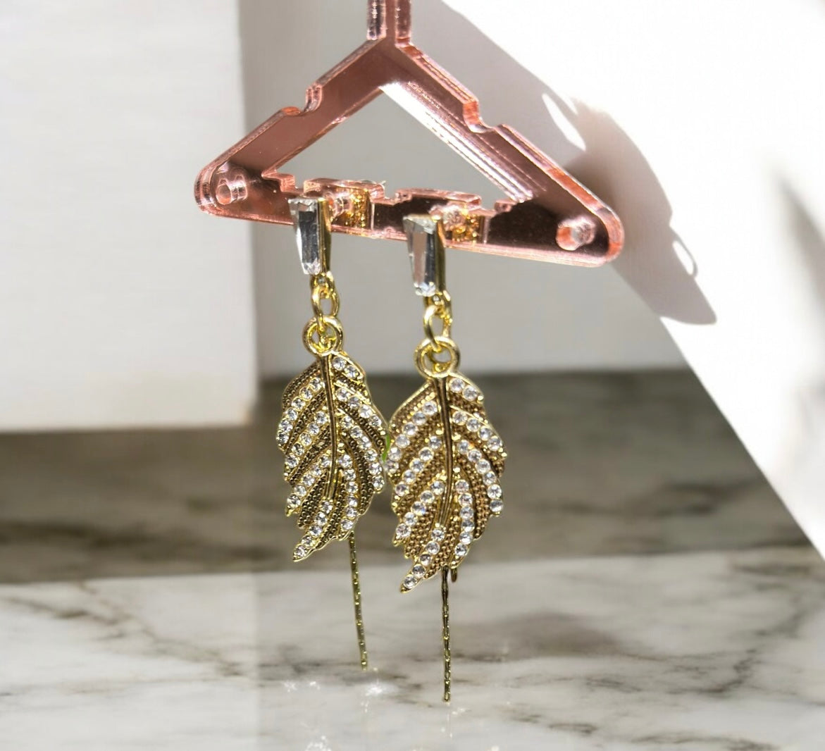 Floral - Golden leaf earrings with glitter rhinestones | gold chain earrings | elegant statement earrings | bridal party earrings