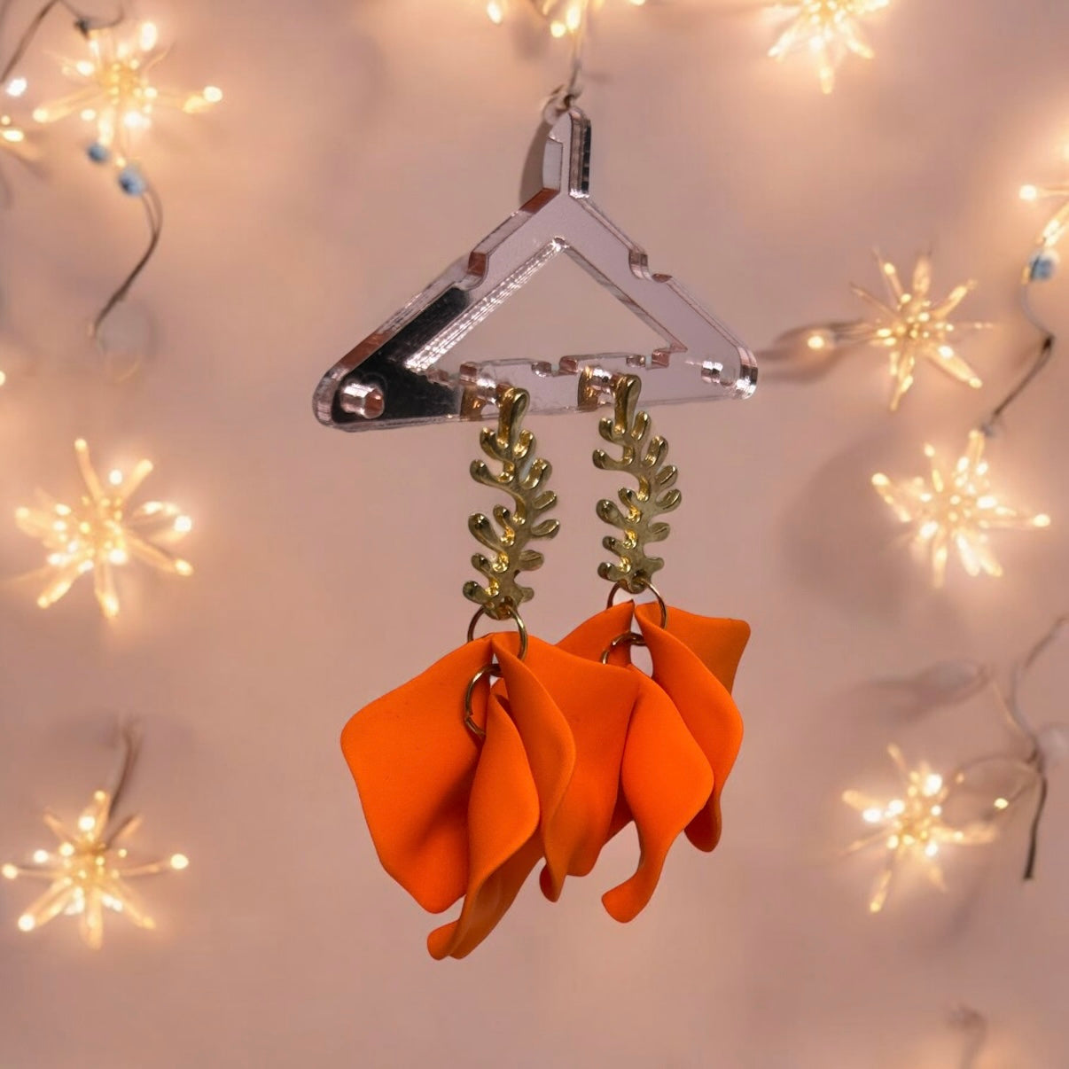 Orange - flower earrings | dangle petals statement earrings | unique golden bar floral earrings | bridal party wedding earrings - TuttyKnitty