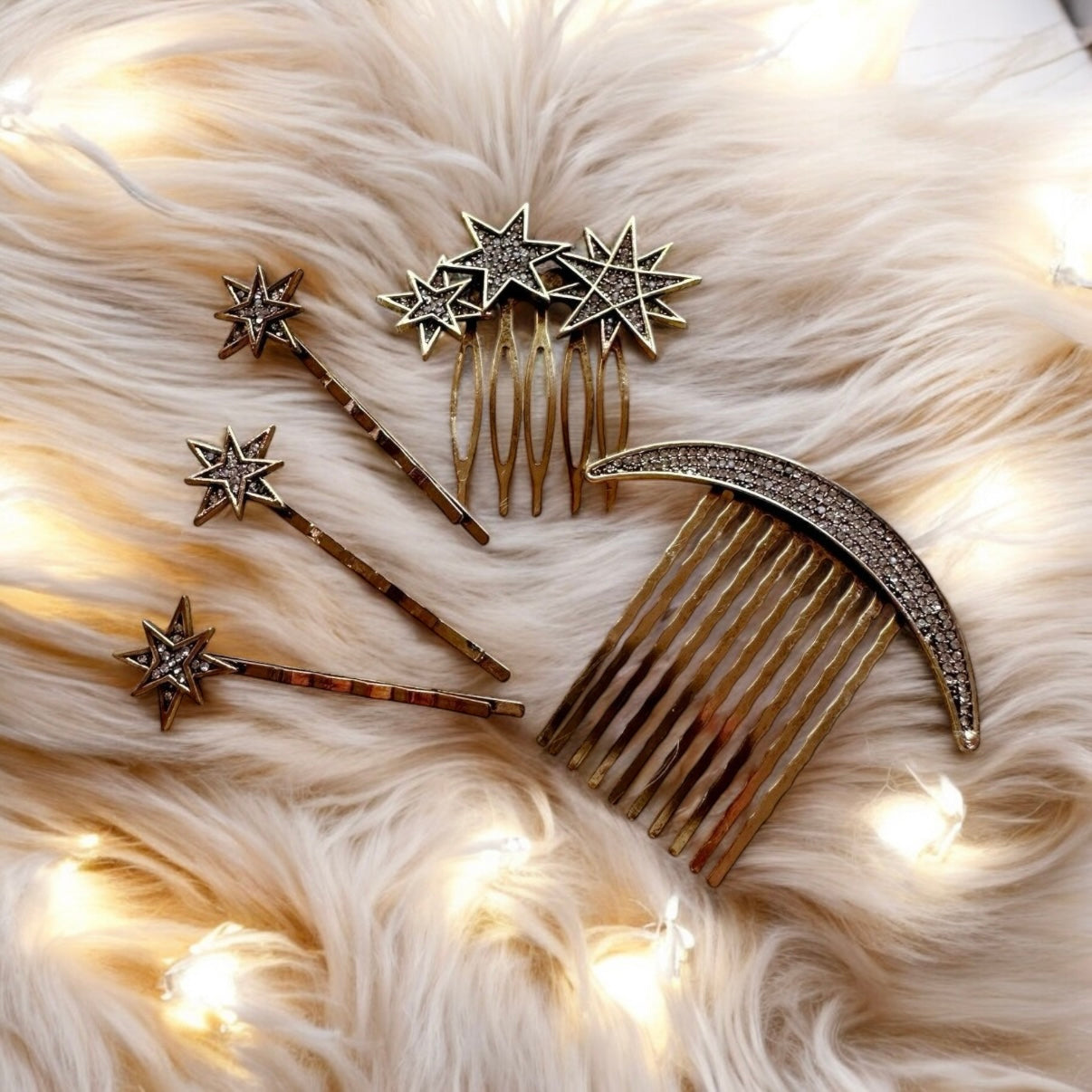 5 pack gold plated glitter stars hair clips and comb with rhinestones | korean hair accessories | vintage celestial hair slides