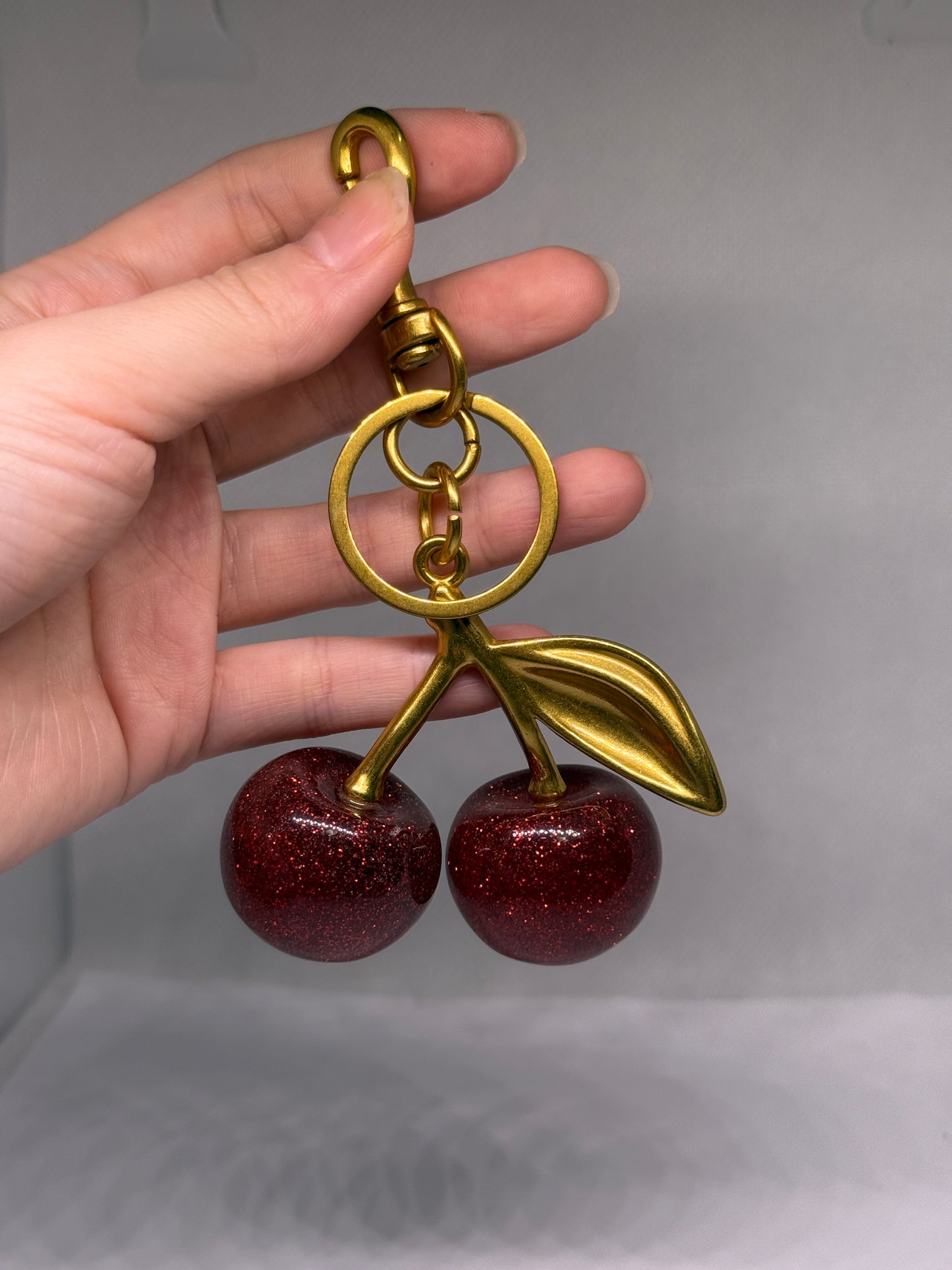 Cherry bag charm | key chain | golden chain with flowers and leaf