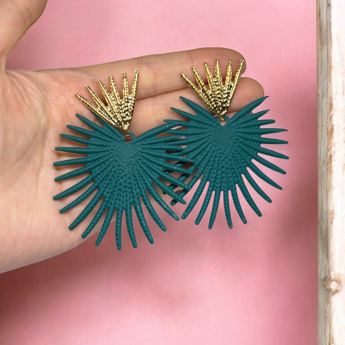 Geometric - Green Starburst Flower petal spiky leaf Gold statement earrings | dangly drop earrings | oversize floral earrings | lightweight party earrings