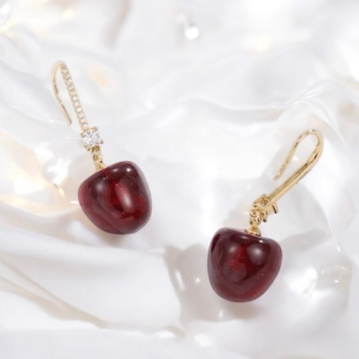 Kawaii - 3D red cherry dangle earrings | fruits dangle earrings | oversize statement | cute kawaii earrings or brooch| burgundy red cherry petals