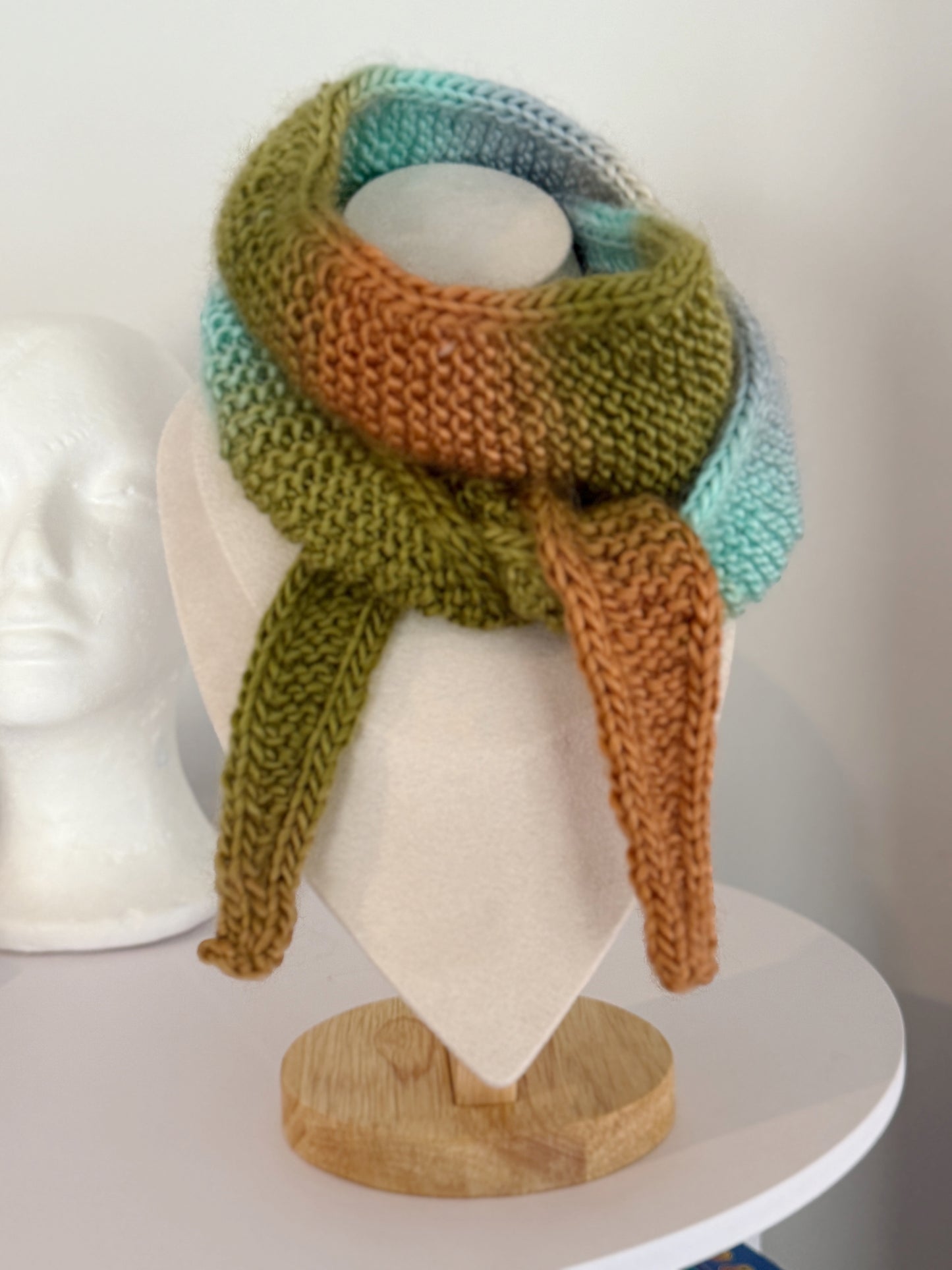 Sophie scarf in brown blue green mix | hand knit neckechief | winter wrap | small skinny scaf | handmade gift | tiktok viral scarf