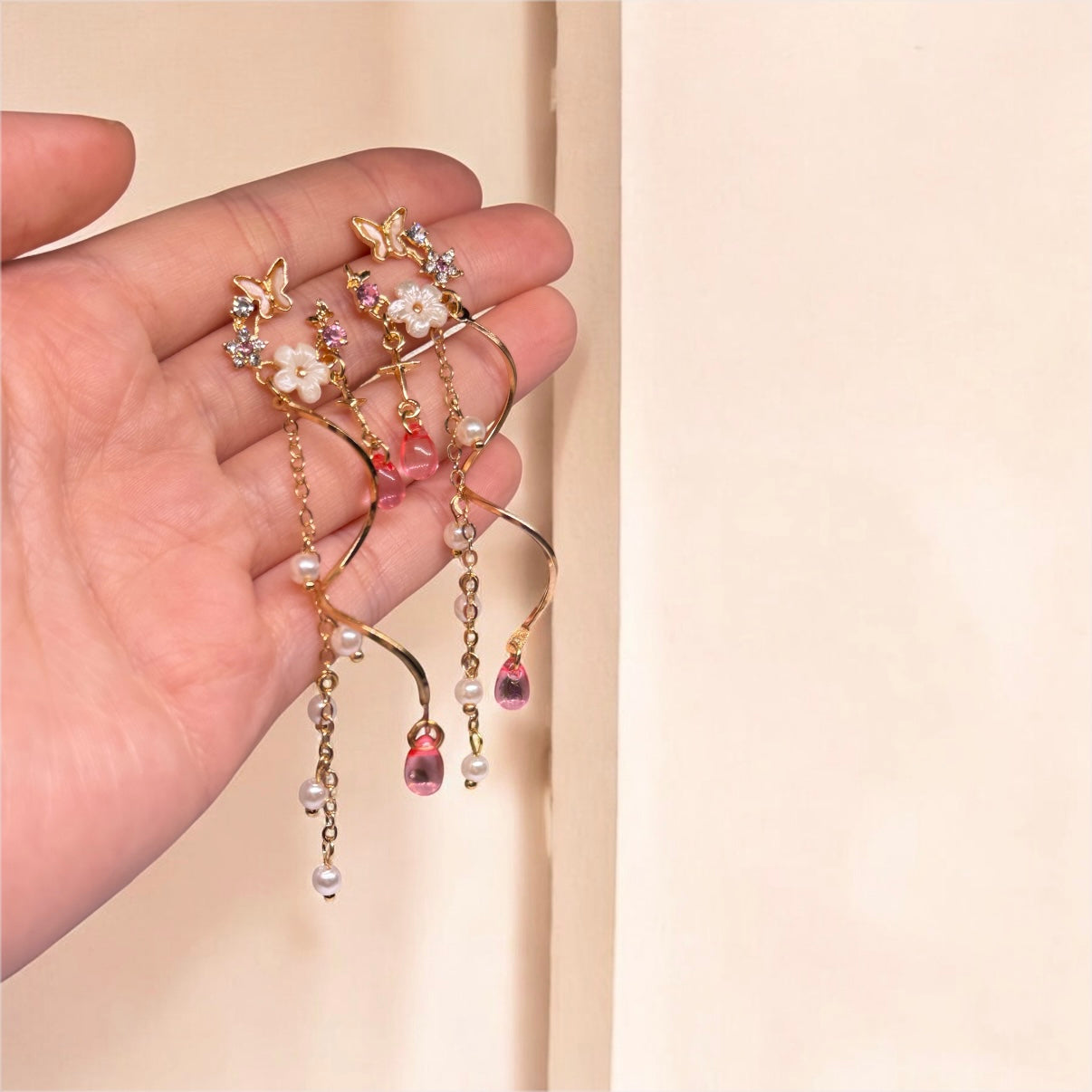 Whimsical - pink butterfly rhinestone flower earrings
