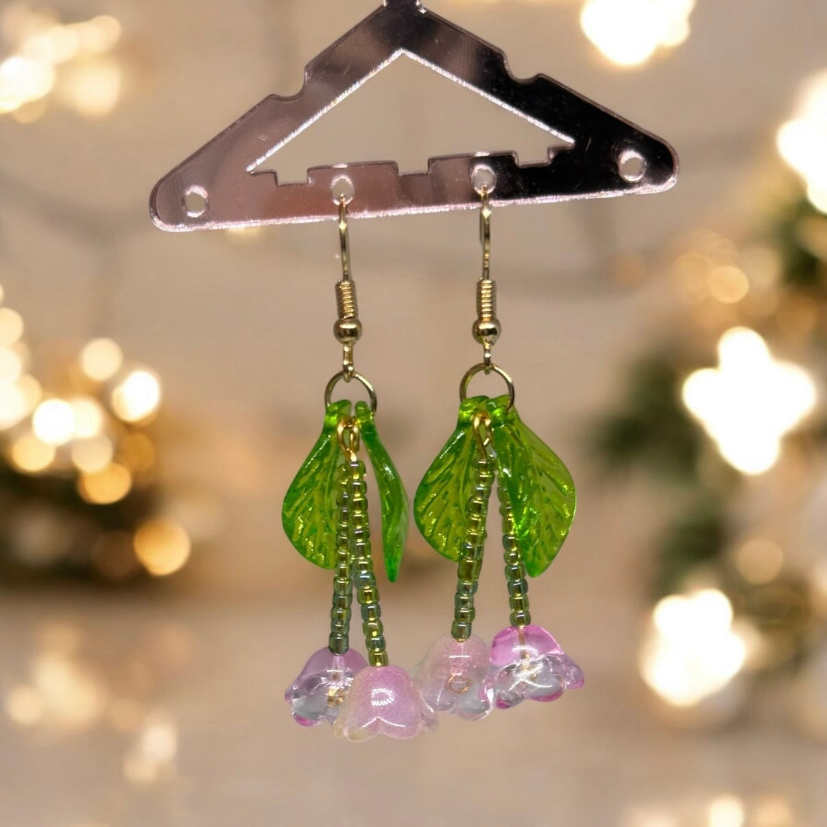 Whimsical - Beaded pink flower earrings | golden leaf mini flower earrings | elegant floral dangle chain earrings