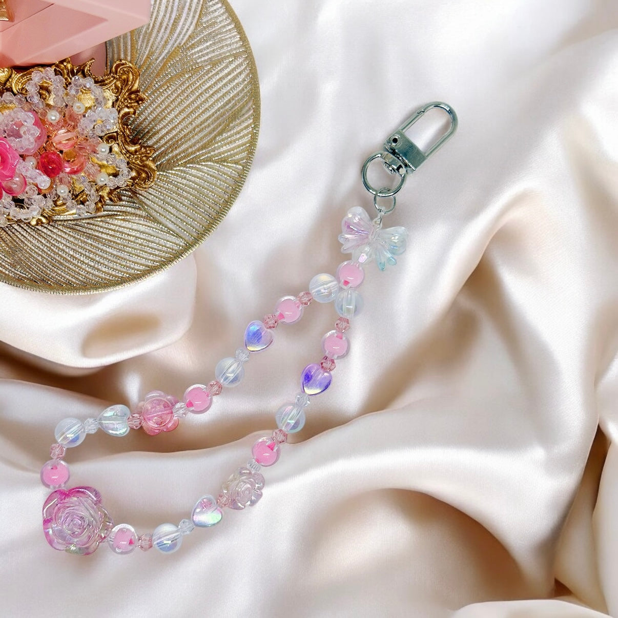 Pink floral keychain | silver clasp | pastel pink beaded chain | lanyard