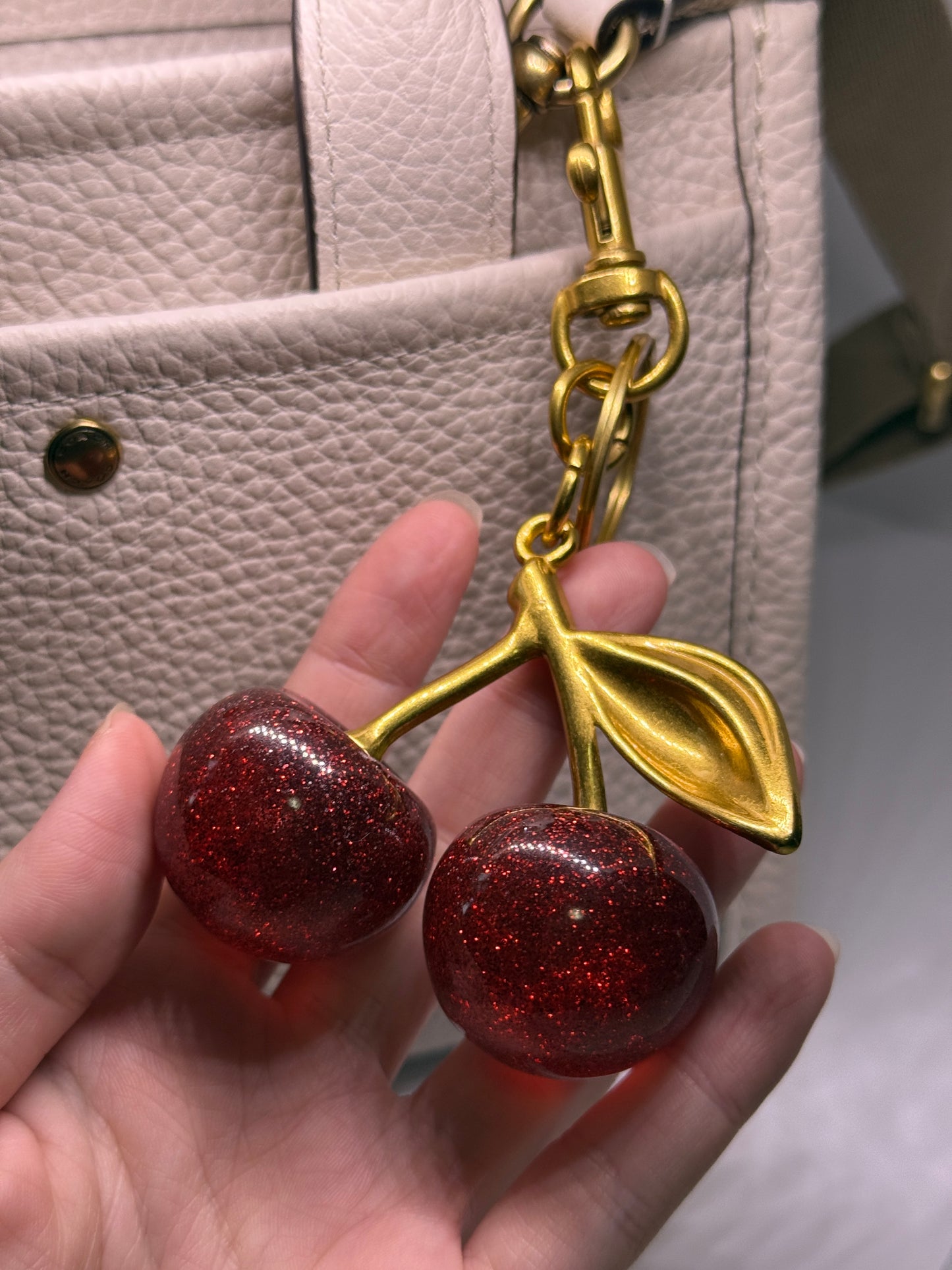 Cherry bag charm | key chain | golden chain with flowers and leaf
