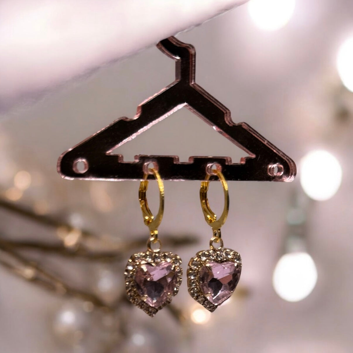 Minimalist - Pink rhinestones heart huggie | glittering diamante mini huggie earrings