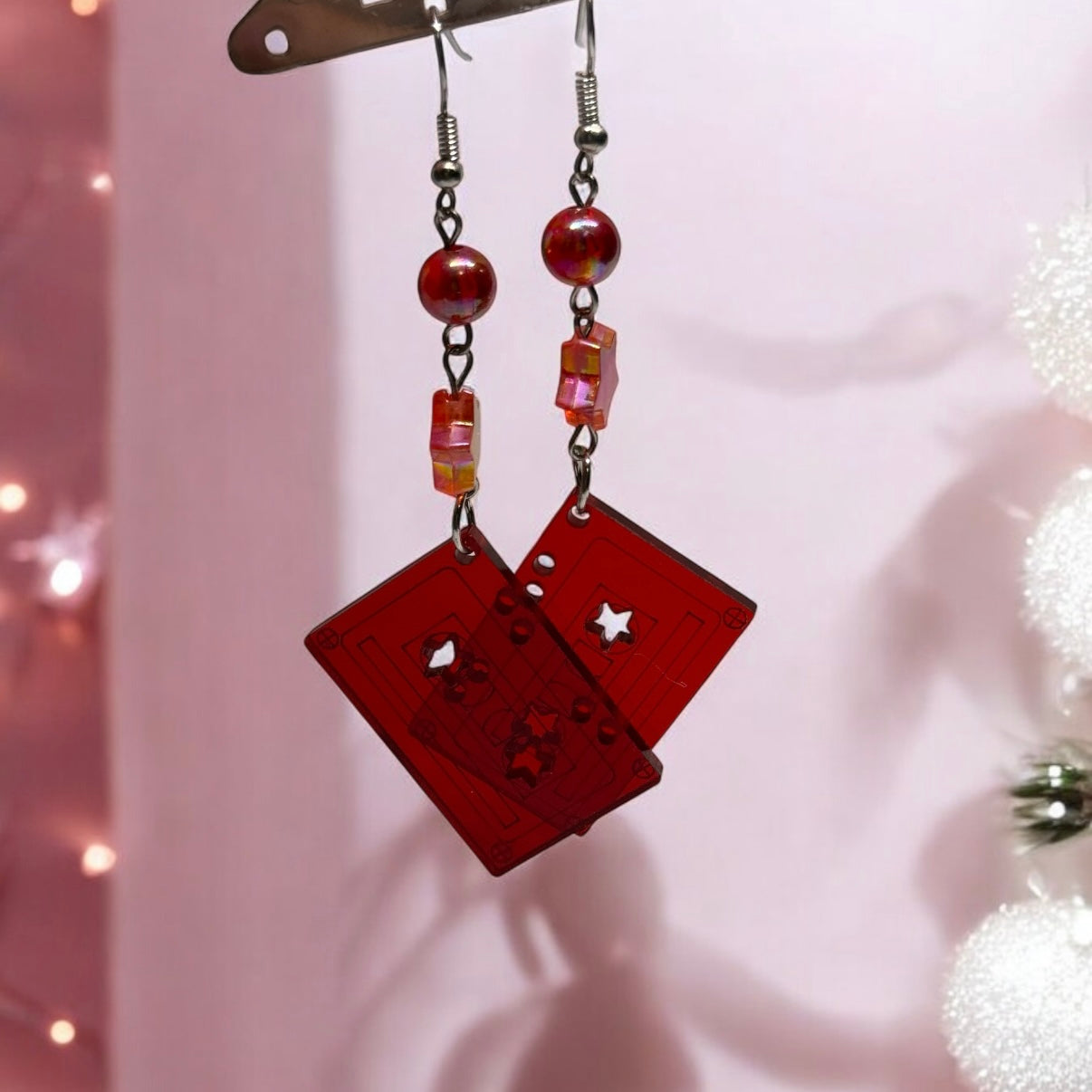 Y2K - Red cassette | glitter earrings | funky pop art earrings | acrylic art oversize earrings | quirky fun
