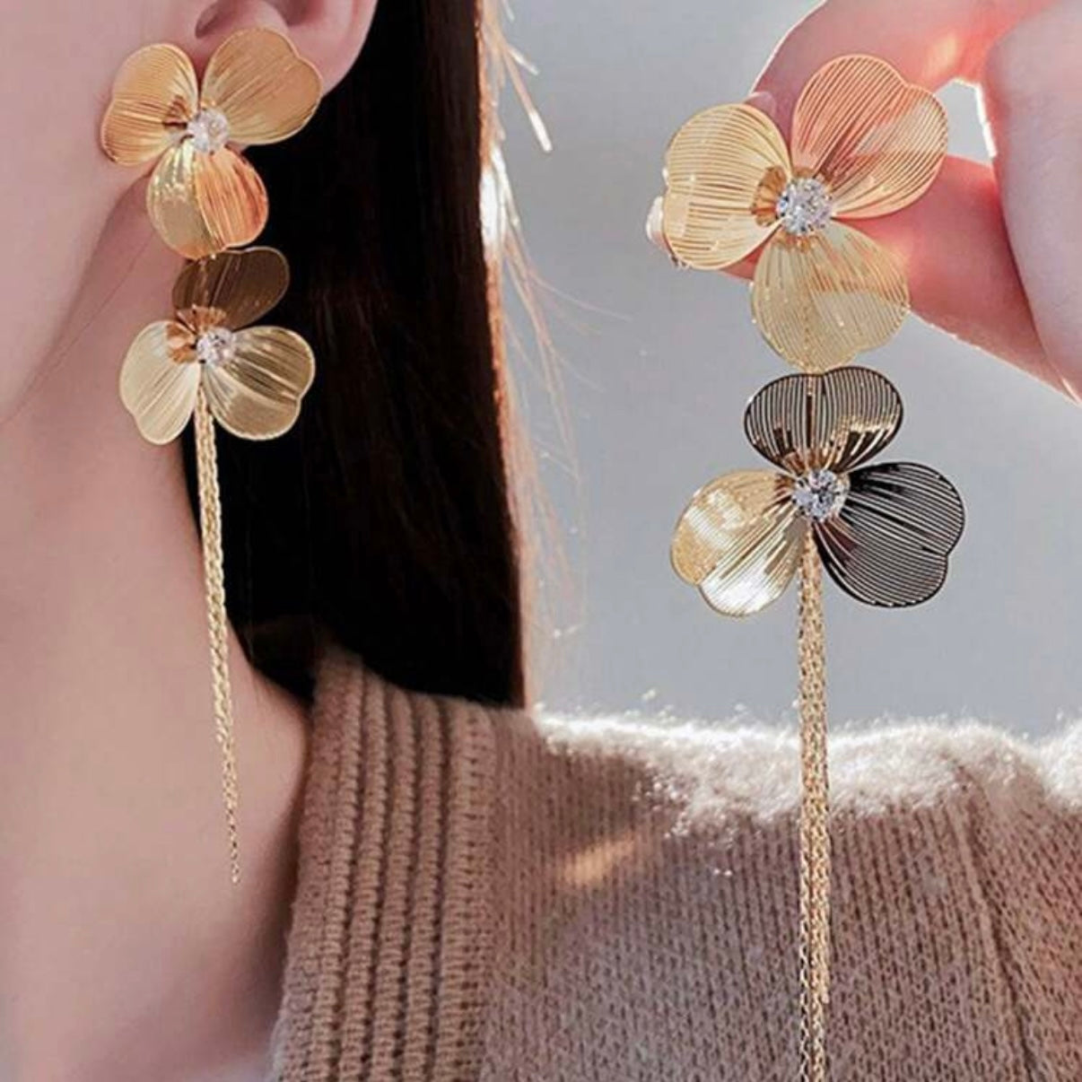 Floral - Golden stud leaf earrings with pearl | Aesthetic Jewelry gold statement oversize plant earrings | bridal party dinner casual | leaf dangle