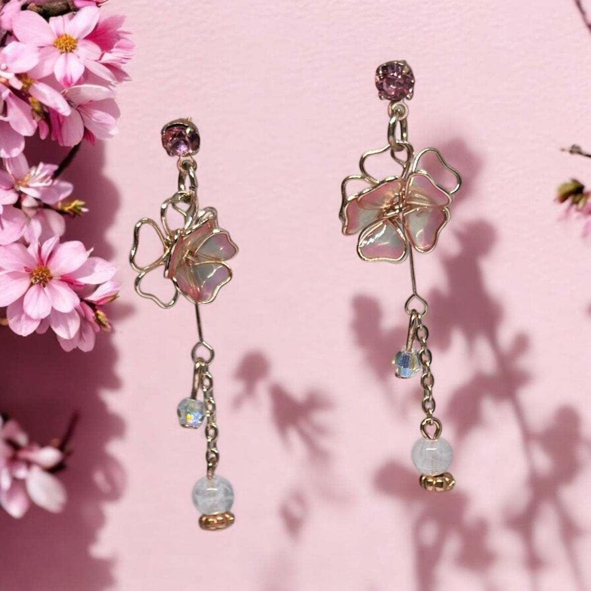 Minimalist - pink sakura earrings |Kawaii cute fun chain earrings | korean art colourful dangle earrings | buttefly flower crystal clear beads