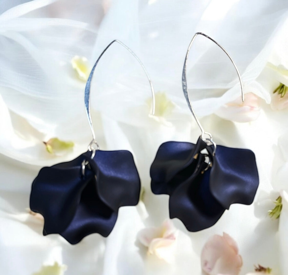 Blue - Navy blue flowers earrings dangly earrings | frosted petals hoop statement earrings | golden disc geometric floral earrings