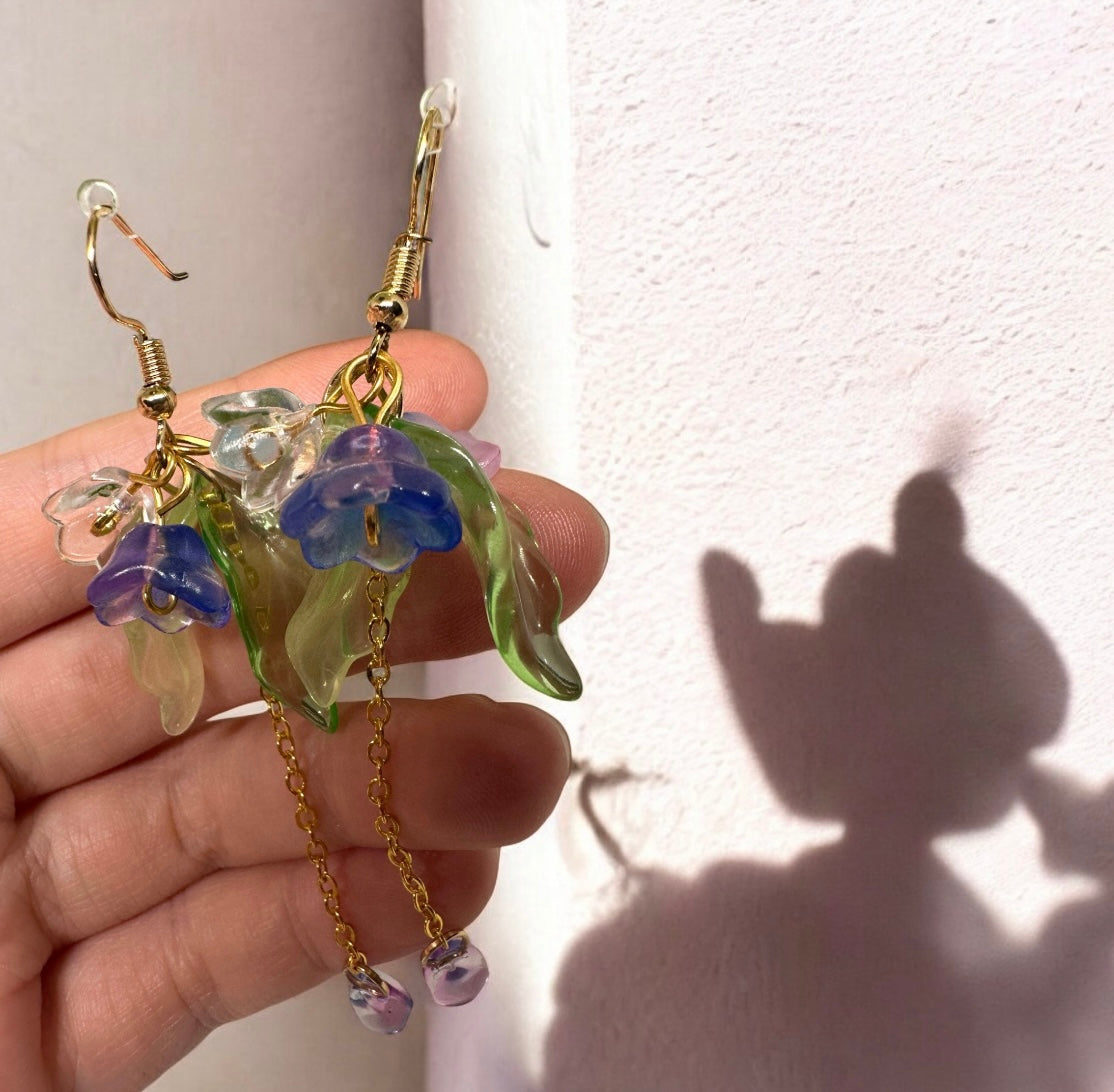Whimsical - Purple blue pastel flower earrings | golden leaf mini flower earrings | elegant floral dangle chain earrings