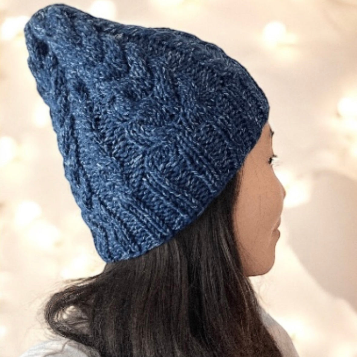 Hand knit Dark Blue Cable Knitted Beanie with Denim Effect | blue knit hat | adult women or men beanie | Winter knit slouchy hat