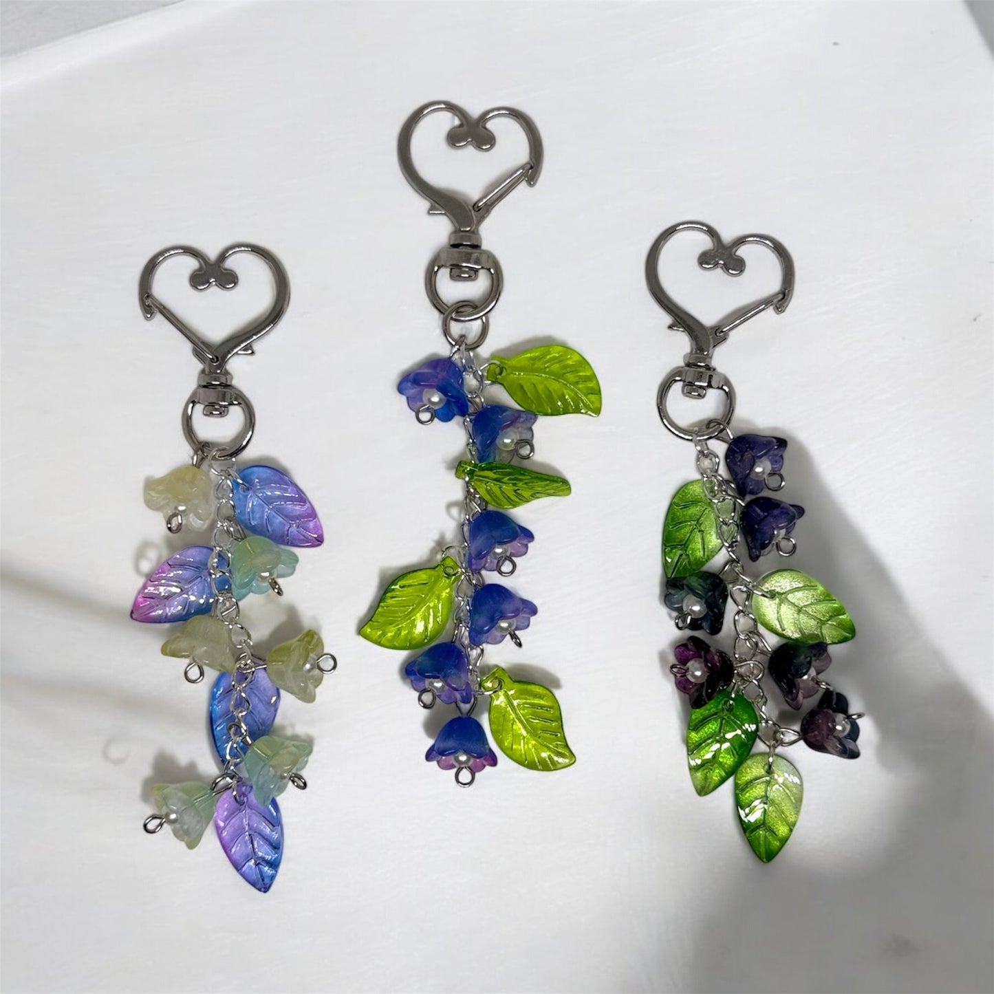Beaded glass flowers bag charm | key chain | silver heart chain with flowers and leaf