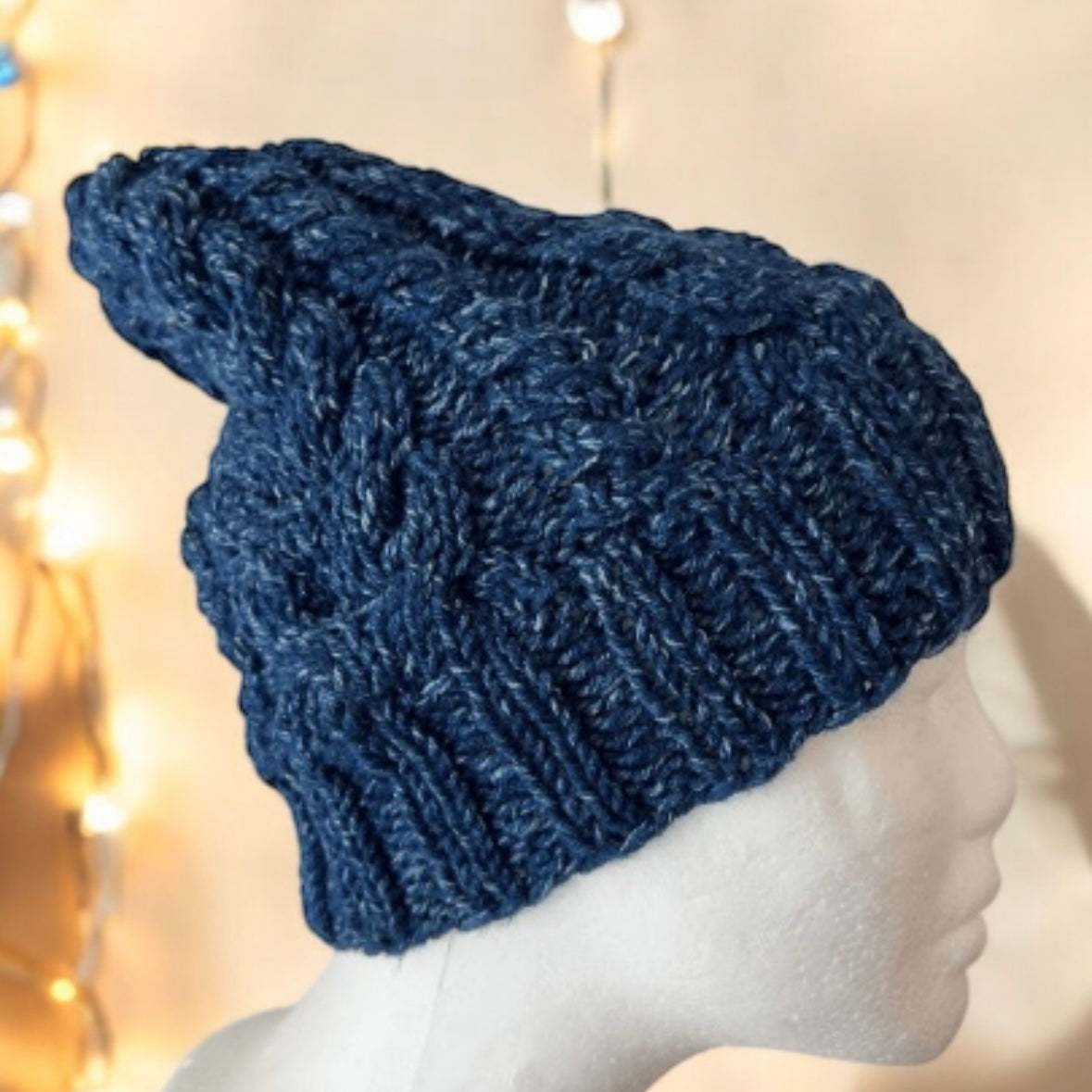 Hand knit Dark Blue Cable Knitted Beanie with Denim Effect | blue knit hat | adult women or men beanie | Winter knit slouchy hat