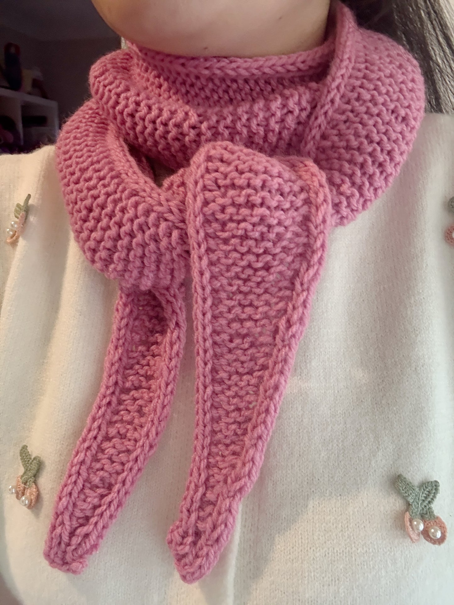 Sophie scarf in pink | hand knit neckechief | winter wrap | small skinny scaf | handmade gift | tiktok viral scarf