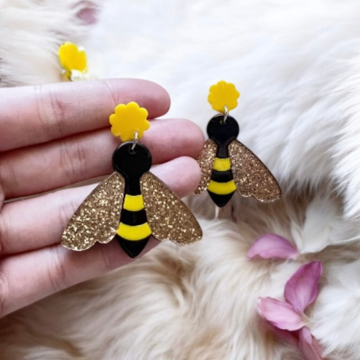 Quirky - Glitter honey bee earrings | Animal zoo earrings | colourful glitters dangle oversize earrings | christmas fun cute kawaii gift