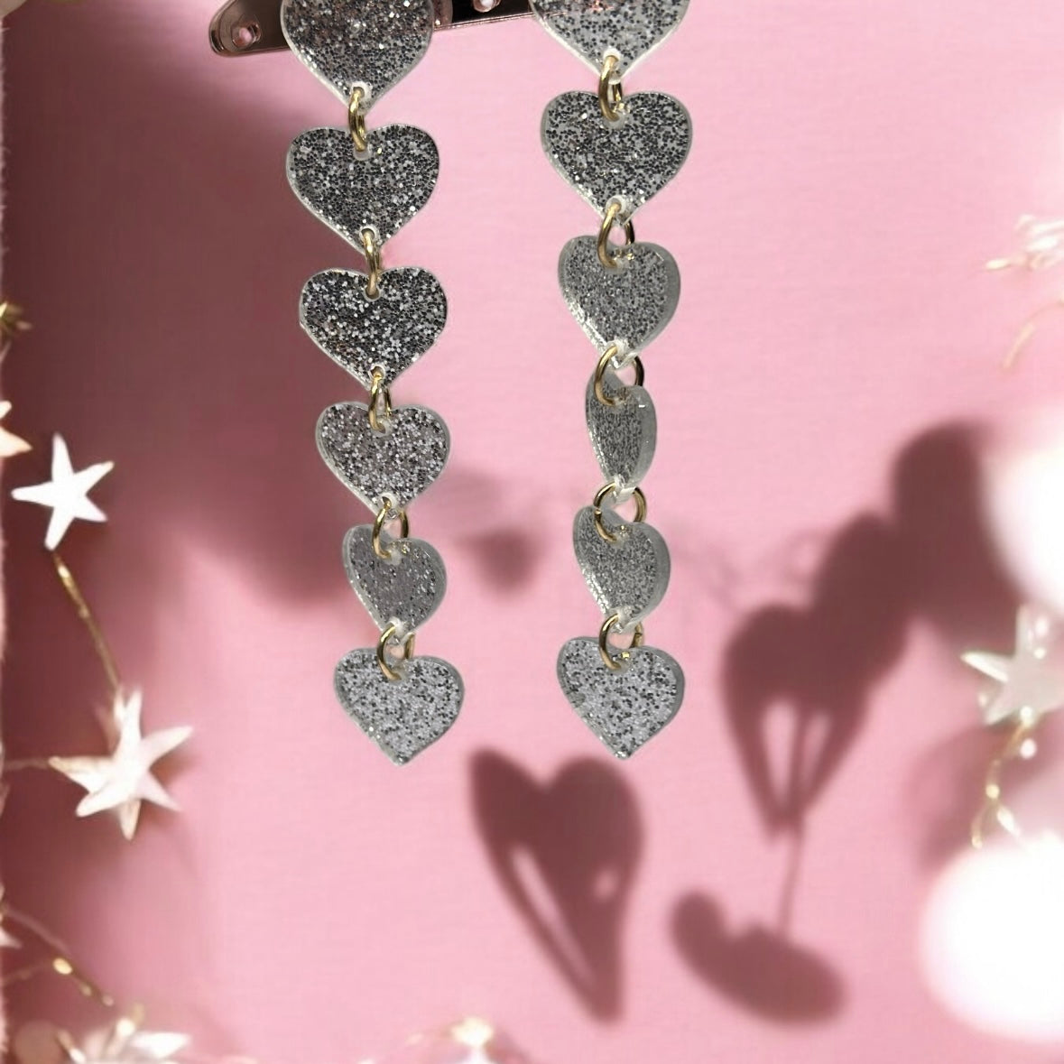 Long chain acrylic heart earrings | silver glitter lightweight earrings| fun art earrings - TuttyKnitty