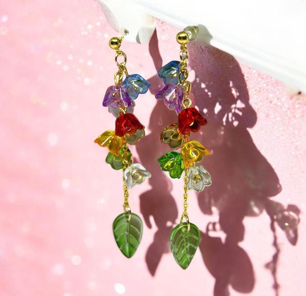 Whimsical - Rainbow flower earrings | golden leaf mini flower earrings | elegant floral dangle chain earrings