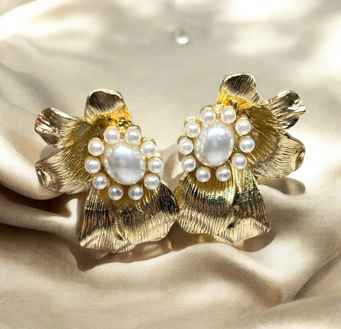 Floral - Blossom flower earrings | golden plant textured earrings | oversize dangle drop earrings | floral baroque style earrings
