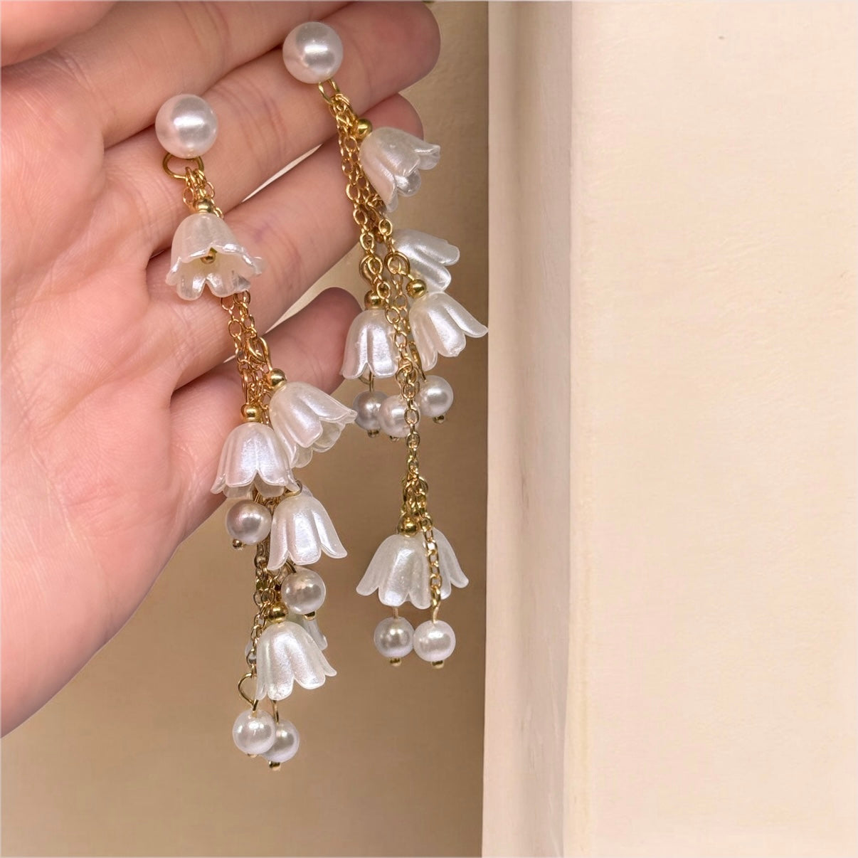 Whimsical - Lily of the valley flowers dangle earrings | minimalist earrings | pearl beads
