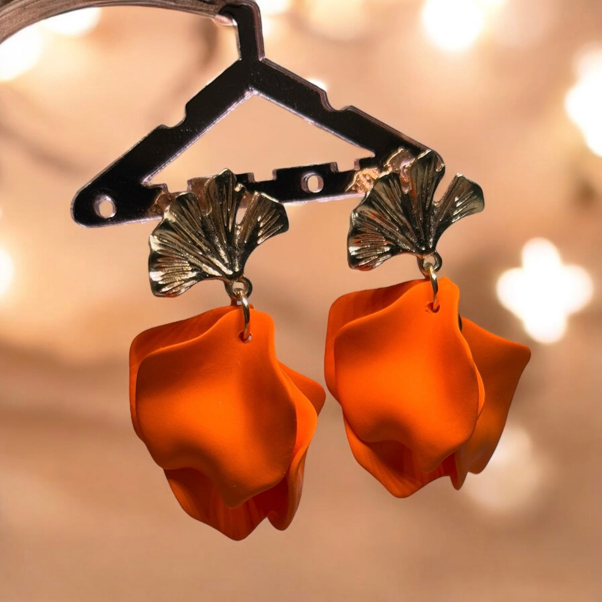 Orange - flower earrings | dangle petals statement earrings | unique golden ginkgo floral earrings | bridal party wedding earrings