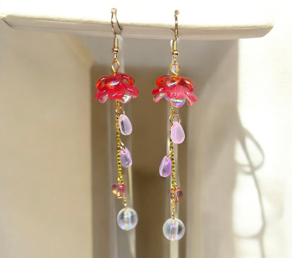Whimsical - Sakura flower earrings | pink raindrop dangle earrings