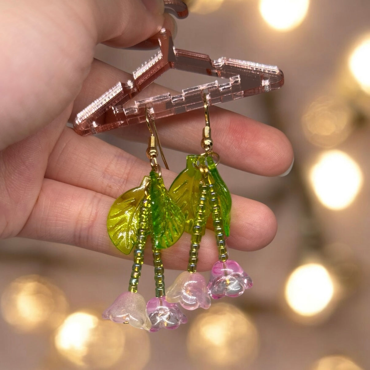 Whimsical - Beaded pink flower earrings | golden leaf mini flower earrings | elegant floral dangle chain earrings