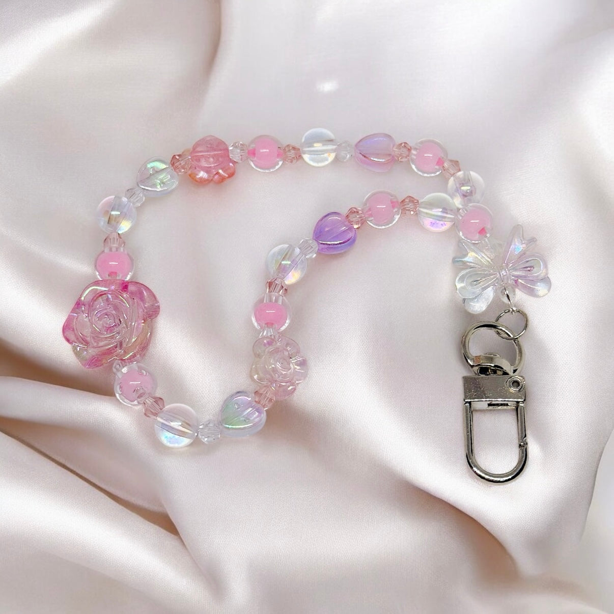 Pink floral keychain | silver clasp | pastel pink beaded chain | lanyard