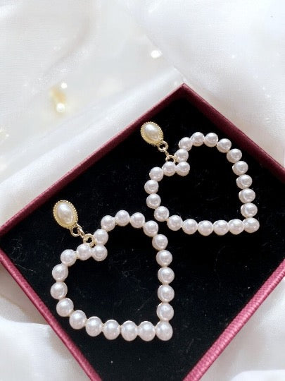 Pearl - heart earrings | heart hoop earrings | golden dangle earrings | pearl white drop earrings | Korean earrings| valentine gift