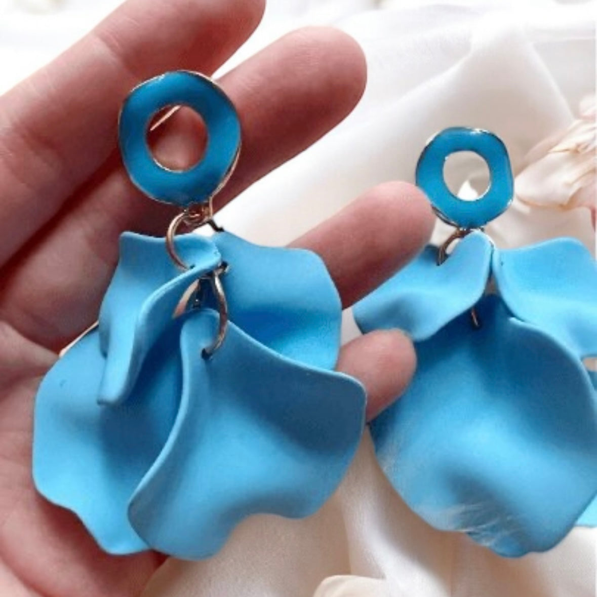 Blue - Sky blue flower earrings |dangly earrings | frosted petals hoop statement earrings | golden disc geometric floral bridal earrings - TuttyKnitty