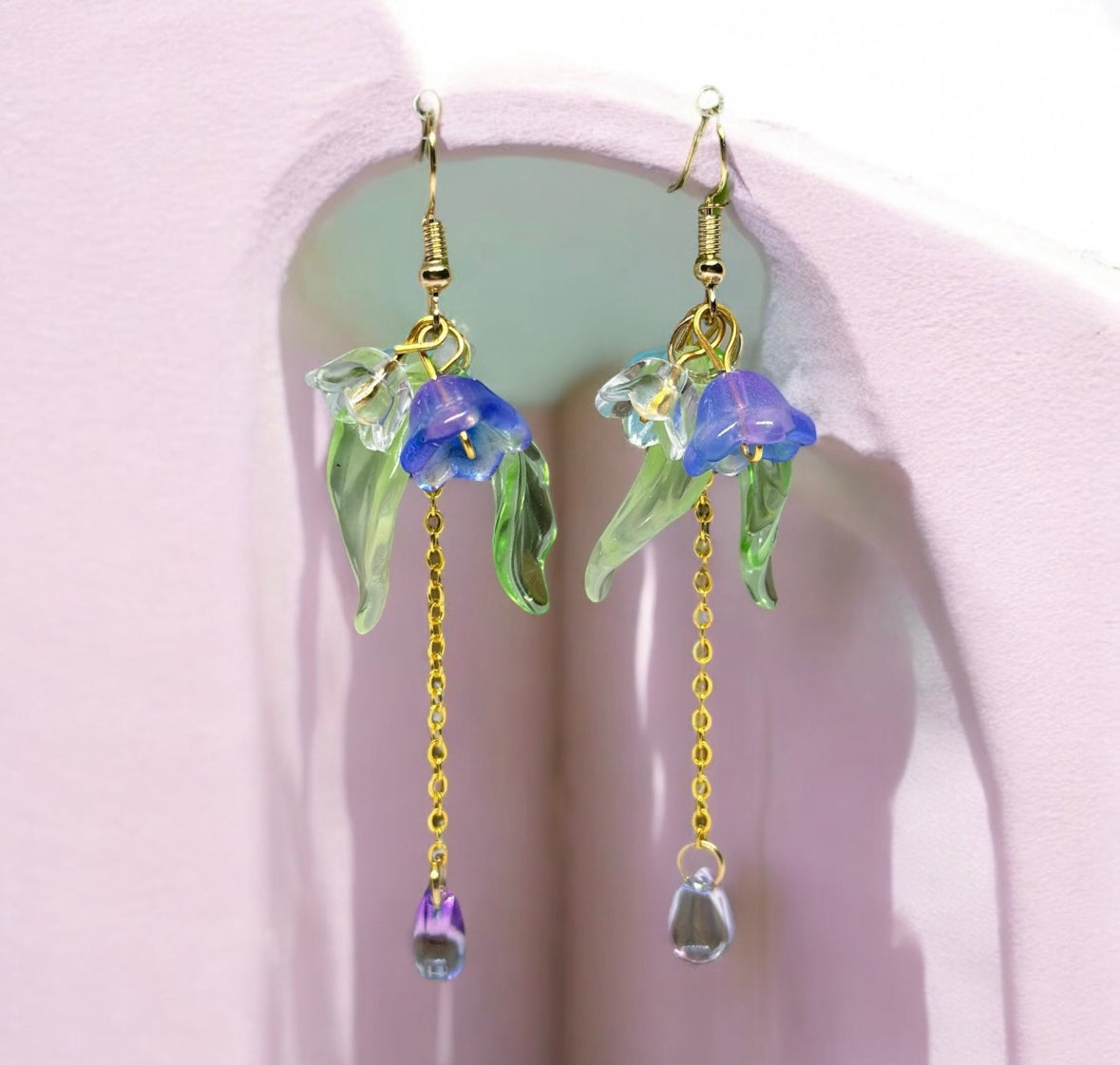 Whimsical - Purple blue pastel flower earrings | golden leaf mini flower earrings | elegant floral dangle chain earrings