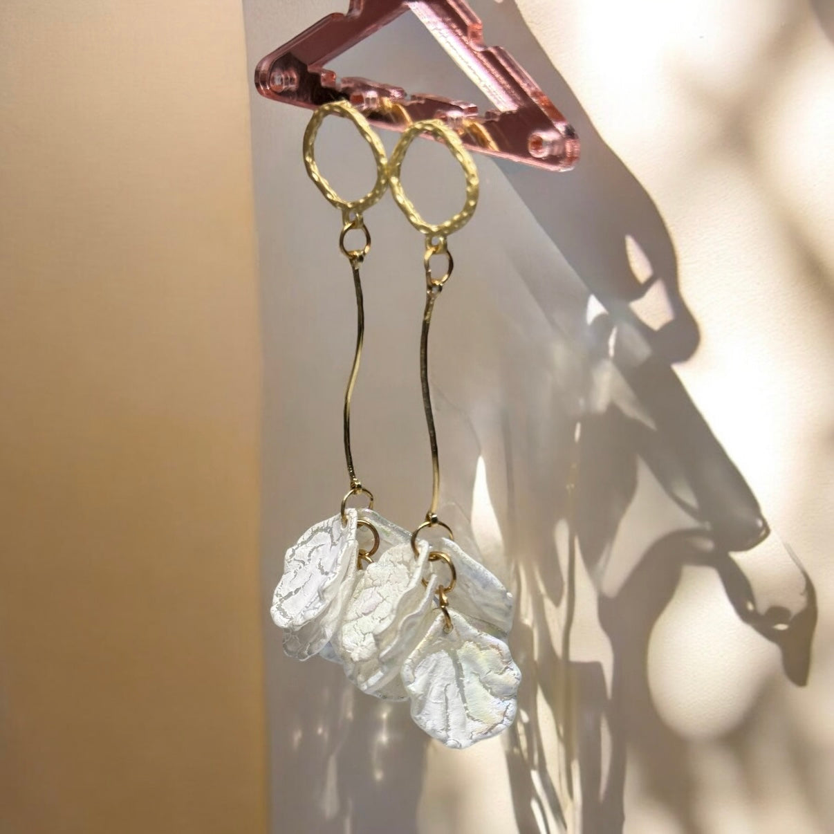White - pearlescent flowers earrings | frosted petals earrings | unique golden floral earrings | bridal party wedding earrings