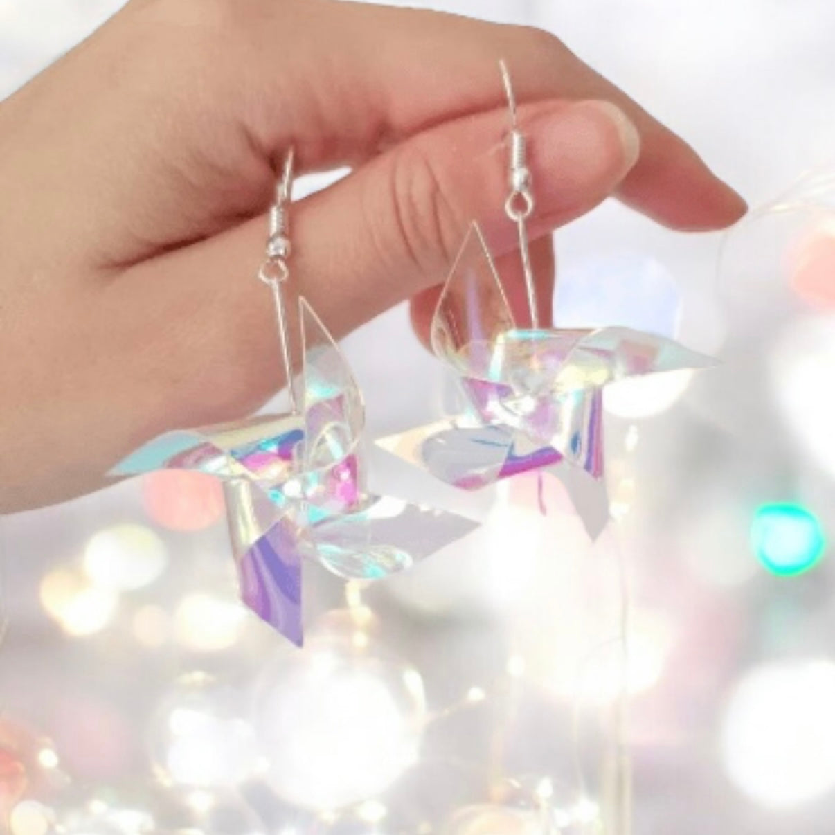Y2K - Iridescent windmill earrings | transparent hologram pinwheel kawaii dangle earrings | pop art aesthetic y2k fun drop earrings