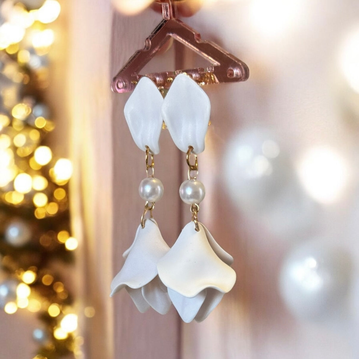 White - flower earrings | dangle petals baroque earrings | unique golden floral earrings | bridal party wedding earrings