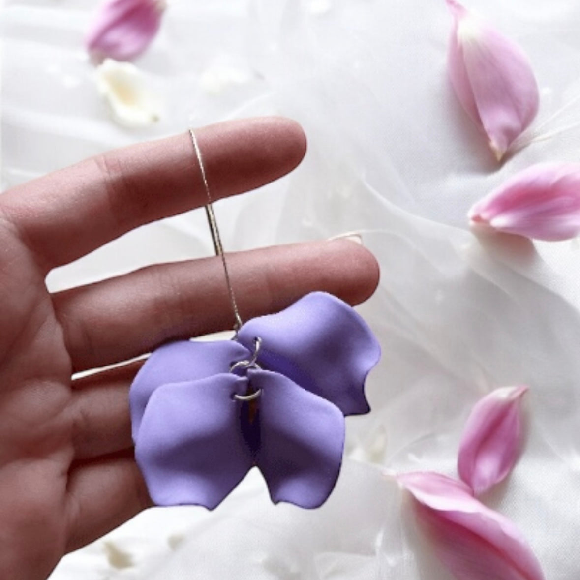 Purple - Sweet purple petals earrings | silver metal colourful floral earrings | unique baroque english garden flower earrings | wedding bridal party