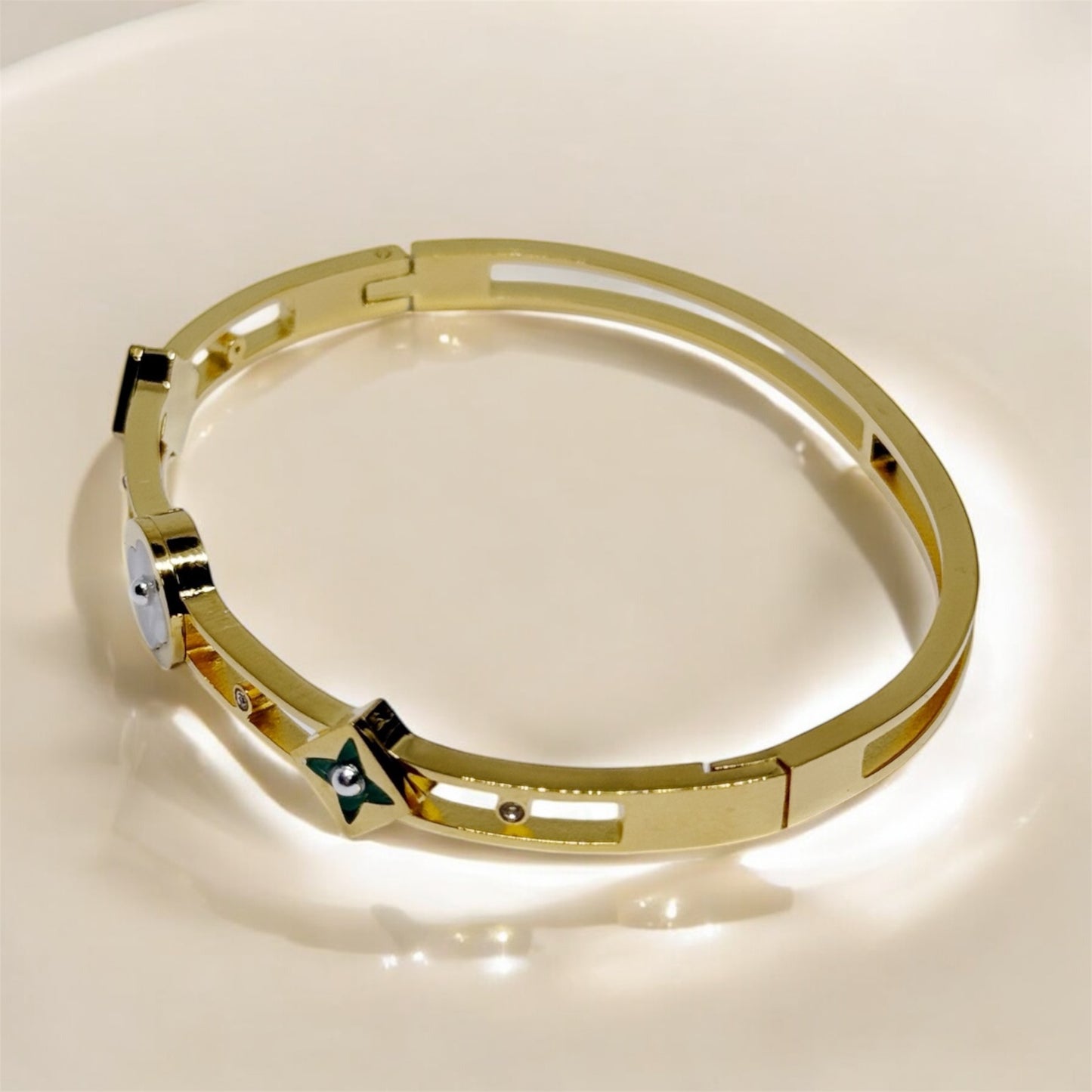 Gold bangle with green and white clover patterns | rhinestones embossed