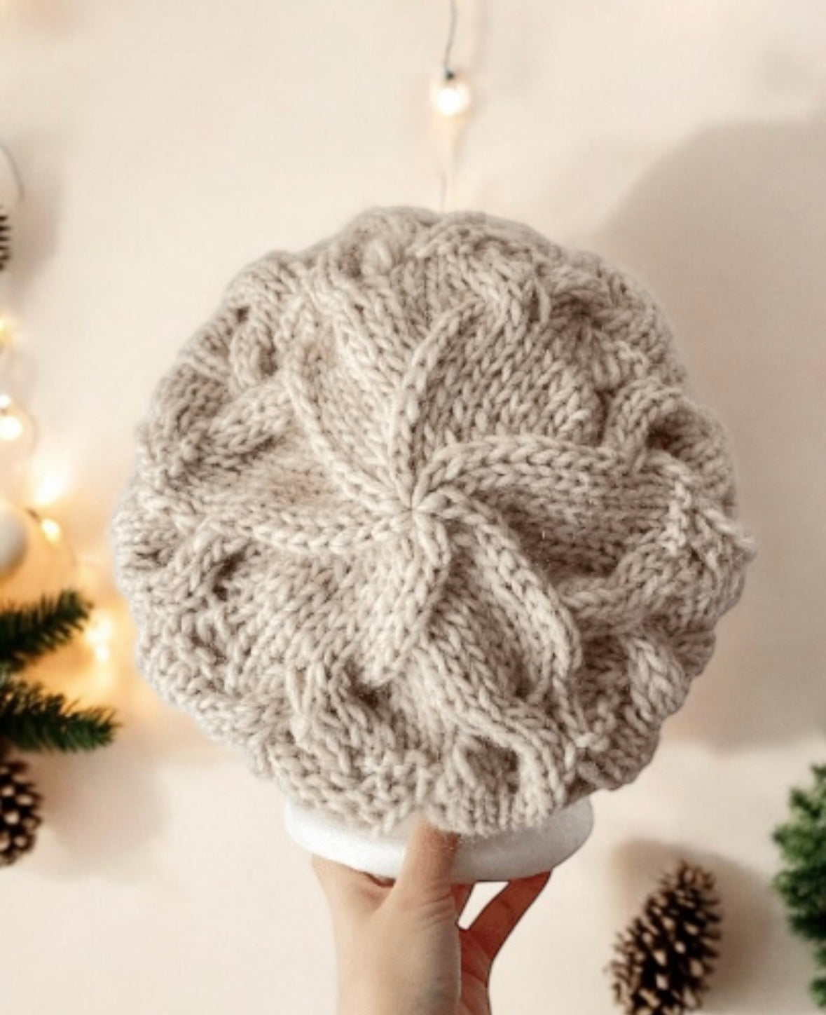 Hand knit Cable Slouchy Beanie | Knit Beret | Slouchy Hat in light beige | Knit beanie in beige | Fluffy cozy winter hat